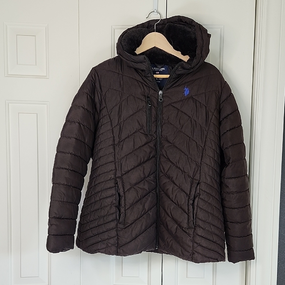US Polo Assn Black Hooded Puffer Coat Faux Fur Lining Zippered Closure Women's L
